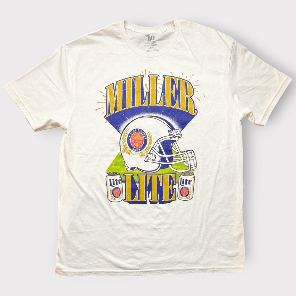 Miller Lite Football Helmet Graphic T-Shirt Mens Large White Beer Game Day Tee